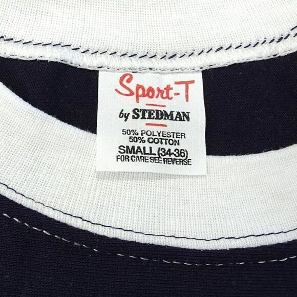 Vintage MEL Long Beach T Shirt Mens Size Small Dark Blue 80s Ringer Tee - Picture 6 of 7